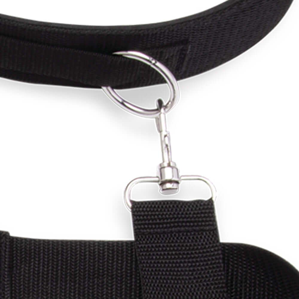Close-up of the adjustable buckle and ring attachment of the Lux Fetish Position Pal Harness.