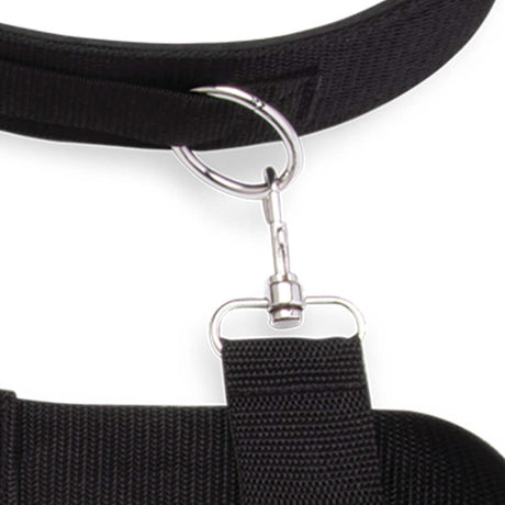 Close-up of the adjustable buckle and ring attachment of the Lux Fetish Position Pal Harness.