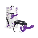 Together Lock-In Dual-Ended Vibrating Strap-on & Harness Set displayed with packaging and harness design.