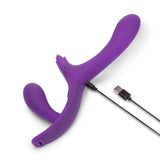 Together Lock-In Dual-Ended Vibrating Strap-on & Harness Set in vibrant purple with USB charging cable.