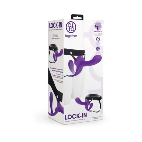 Together Lock-In Dual-Ended Vibrating Strap-on & Harness Set packaging showcasing design and features.