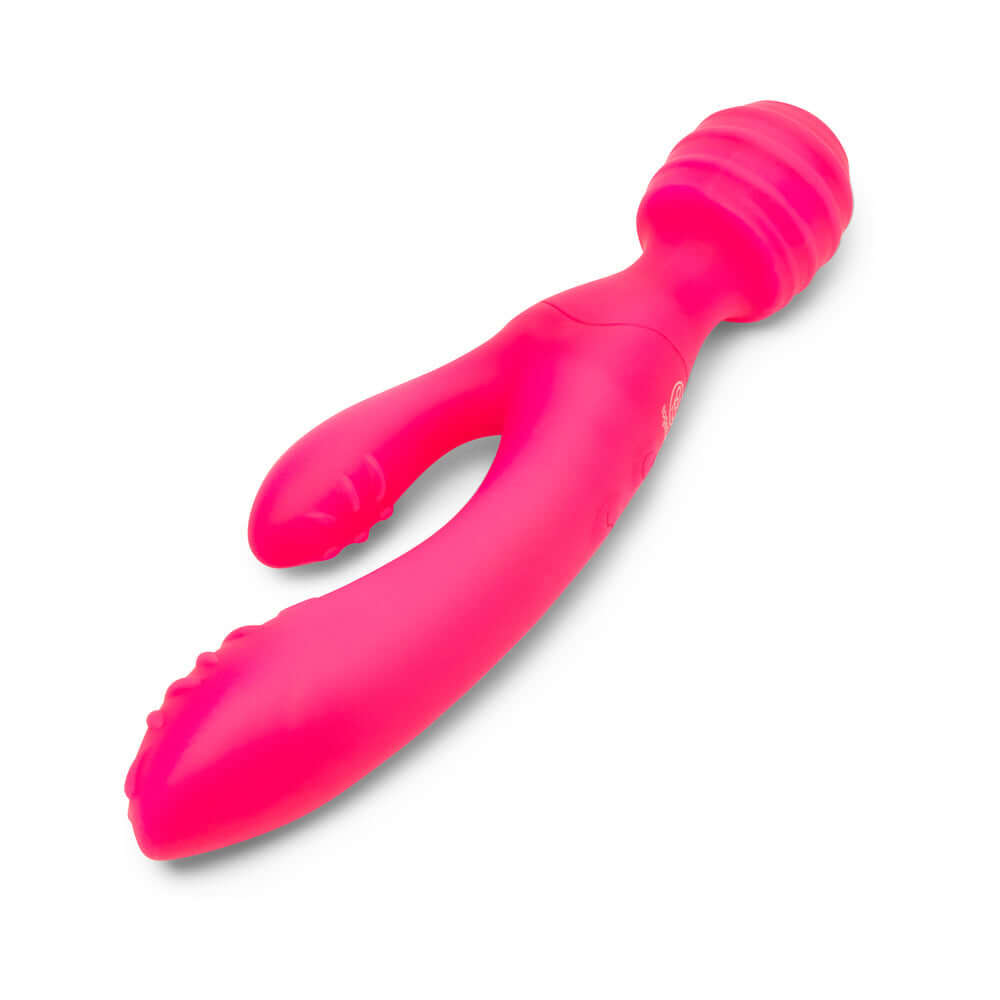Together Tri Delight Dual-Ended Triple Stim Wand Rabbit Vibrator in vibrant pink color with textured surfaces.