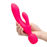 Together Tri Delight Dual-Ended Triple Stim Wand Rabbit Vibrator in hand showcasing its dual stimulation features.