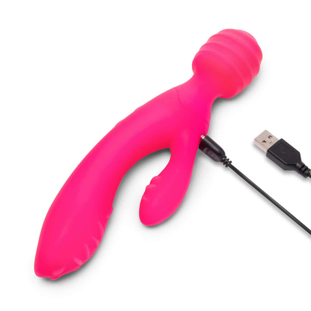 Together Tri Delight Dual-Ended Triple Stim Wand Rabbit Vibrator in vibrant pink with USB charging cable