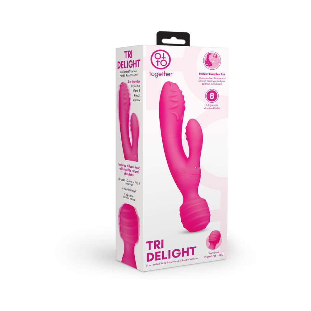 Together Tri Delight Dual-Ended Triple Stim Wand Rabbit Vibrator packaging with vibrant pink design.