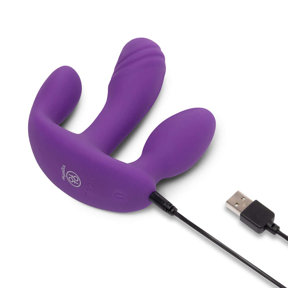 Together Blended Pleasure Remote Controlled Triple-Pronged Vibrator in purple with USB charging cable.