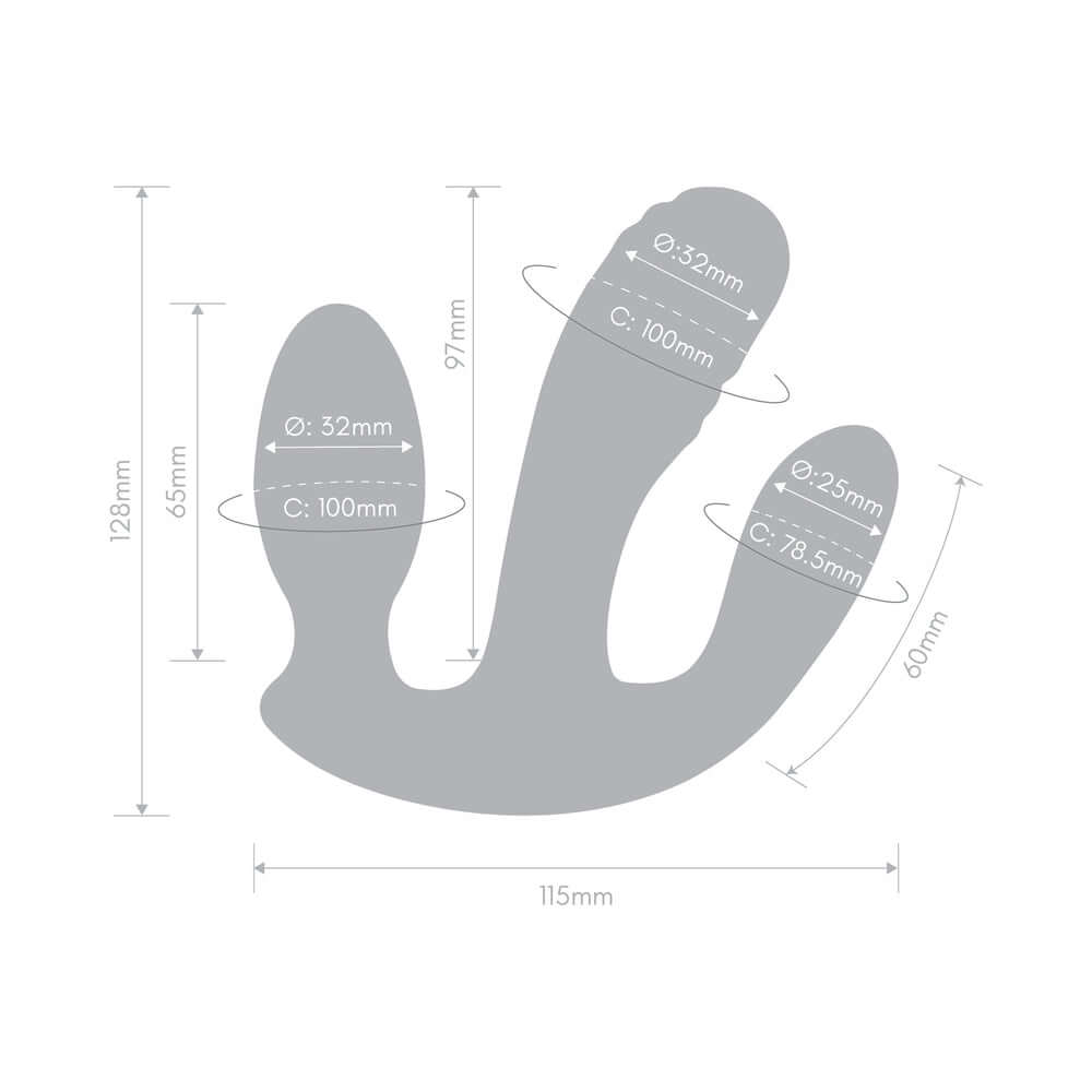 Dimensions of Together Blended Pleasure Remote Controlled Triple-Pronged Vibrator with detailed size measurements.