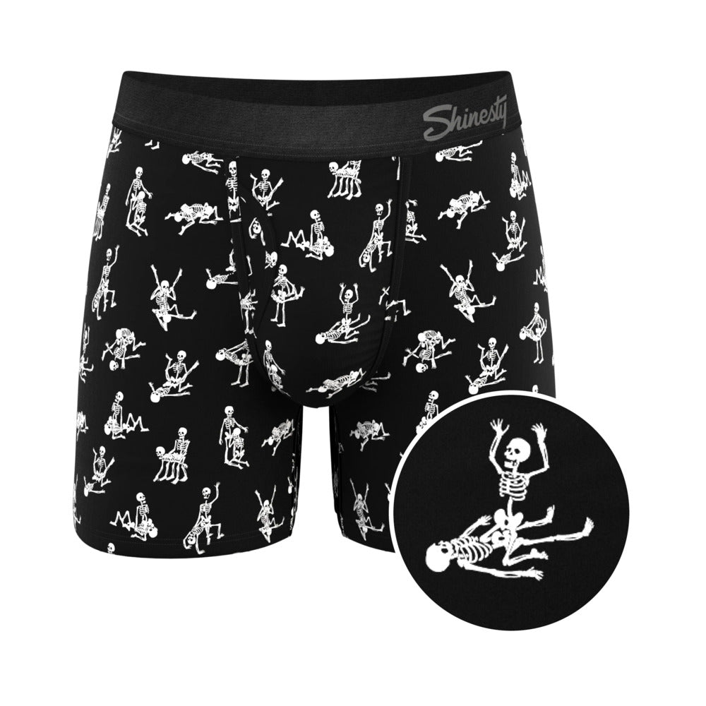 Shinesty Bare Back Bones Ball Hammock Pouch Underwear Small featuring glow-in-the-dark skeleton print on a black base.