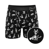 Shinesty Bare Back Bones Ball Hammock Pouch Underwear Small featuring glow-in-the-dark skeleton print on a black base.
