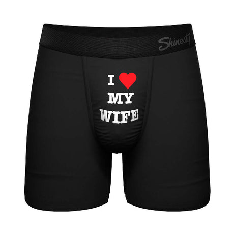 Shinesty I Love My Wife Ball Hammock Pouch Underwear XL in black with text I ❤️ MY WIFE on the front.