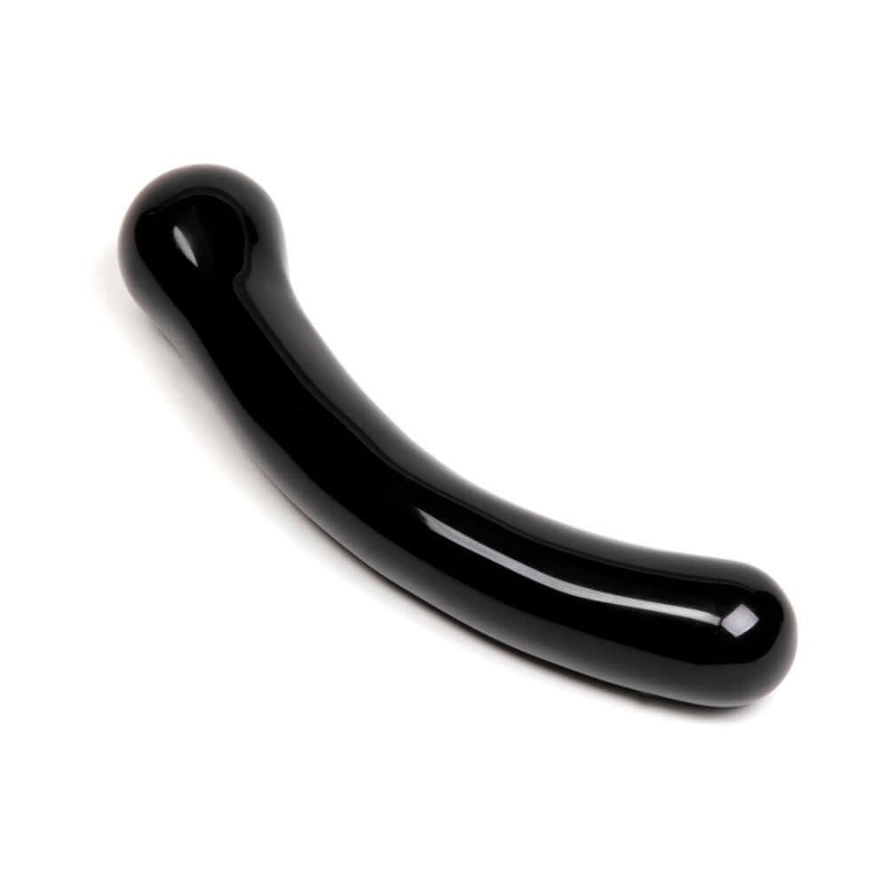 Chakrubs Xaga Curve Obsidian Wand on a white background, showcasing its smooth, glossy black surface and curved design.