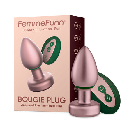 FemmeFunn Bougie Plug Rose Gold with packaging showcasing sleek design and anodized aluminum.