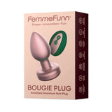 FemmeFunn Bougie Plug Rose Gold packaging featuring anodized aluminum butt plug design and control options.