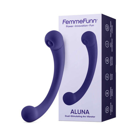 FemmeFunn Dual Stimulating Arc Vibrator Aluna Dark Purple in packaging for enhanced pleasure.