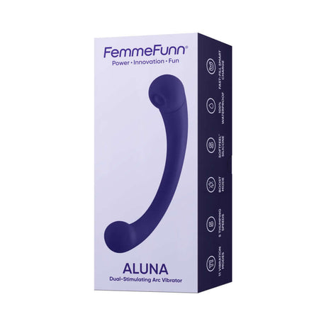 FemmeFunn Dual Stimulating Arc Vibrator Aluna Dark Purple packaging featuring innovative design.