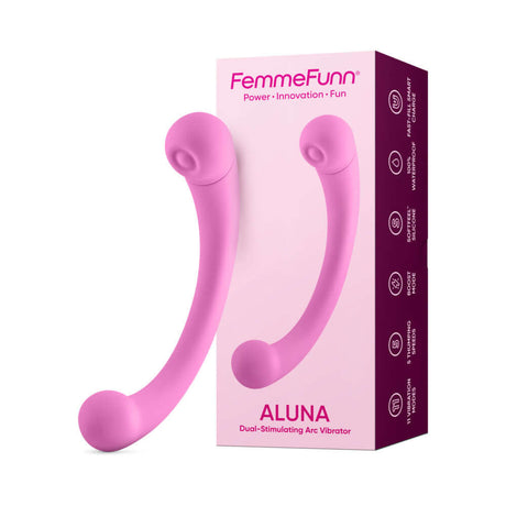 FemmeFunn Dual Stimulating Arc Vibrator Aluna Pink in packaging, showcasing its sleek design and dual stimulation features.