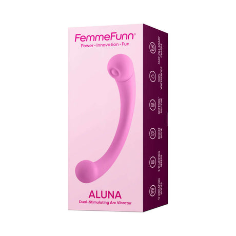 FemmeFunn Dual Stimulating Arc Vibrator Aluna Pink packaging showcasing its innovative design and features.