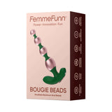 FemmeFunn Bougie Beads Rose Gold packaging featuring anodized aluminum anal beads in a sleek design.