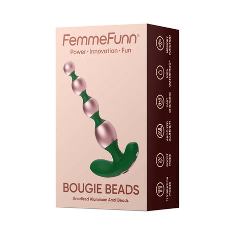 FemmeFunn Bougie Beads Rose Gold packaging featuring anodized aluminum anal beads in a sleek design.