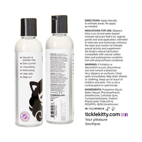 Slippery Kitty Hybrid Lubricant 4 Oz bottle with clear label and directions for use.