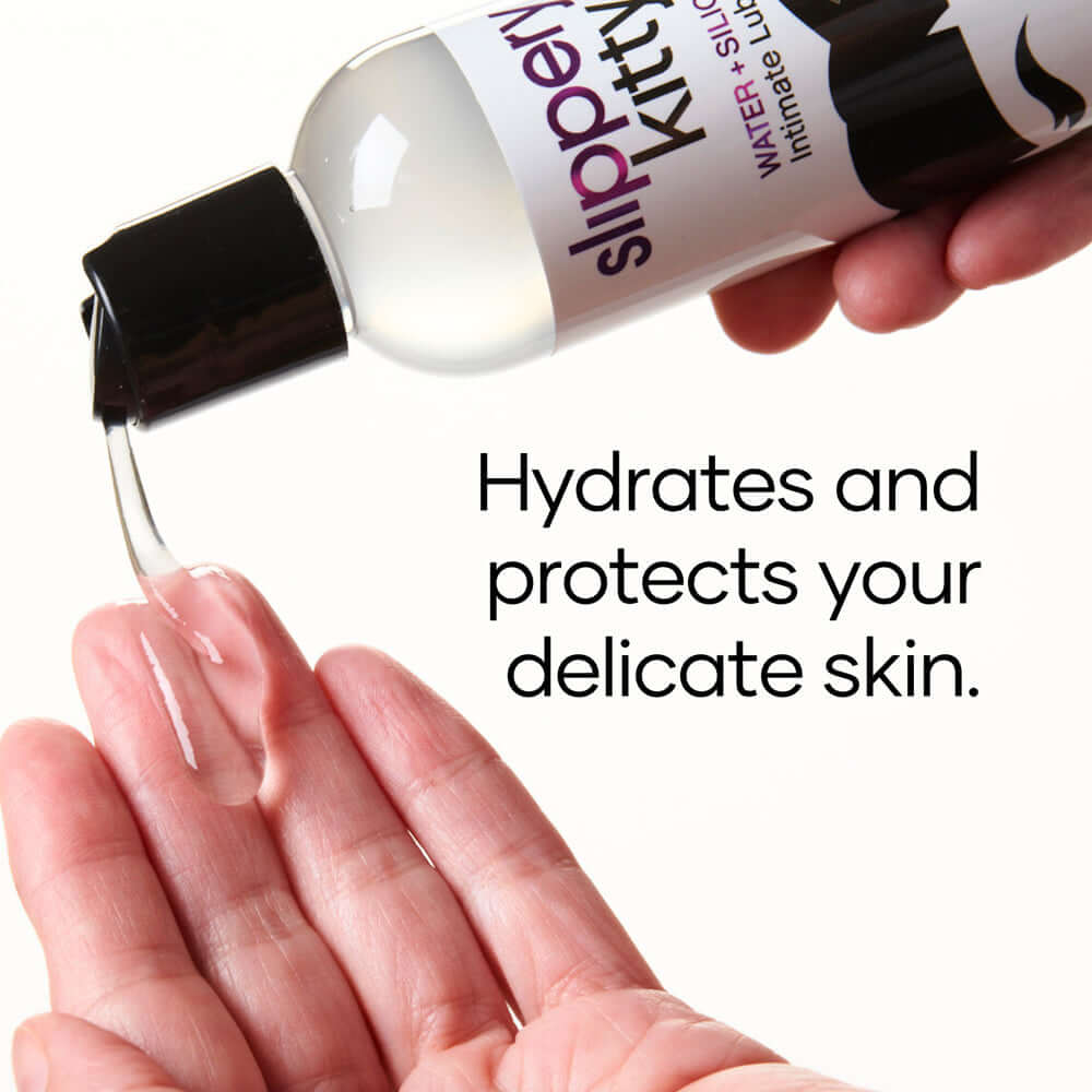Slippery Kitty Hybrid Lubricant 4 Oz pouring into a hand, hydrating and protecting delicate skin.