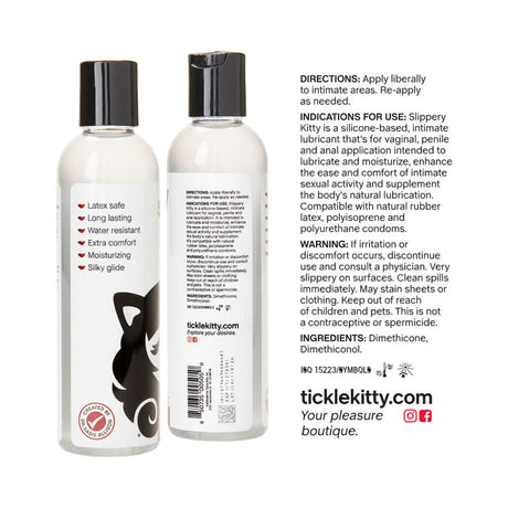 Slippery Kitty Silicone Lubricant 4 Oz bottle with directions and ingredients on packaging.
