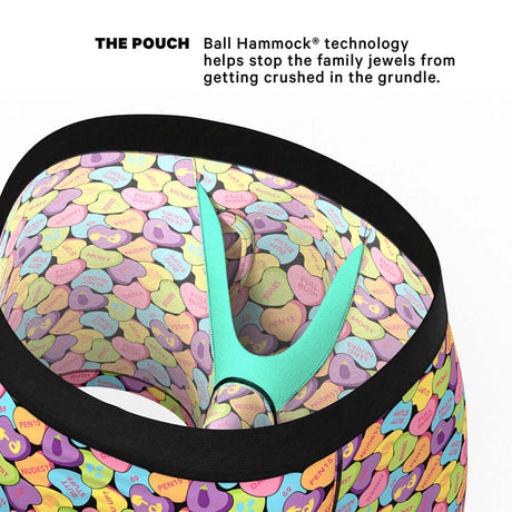 Shinesty The Candy Crush Candy Hearts Underwear with Fly S showcasing Ball Hammock technology for comfort and support.