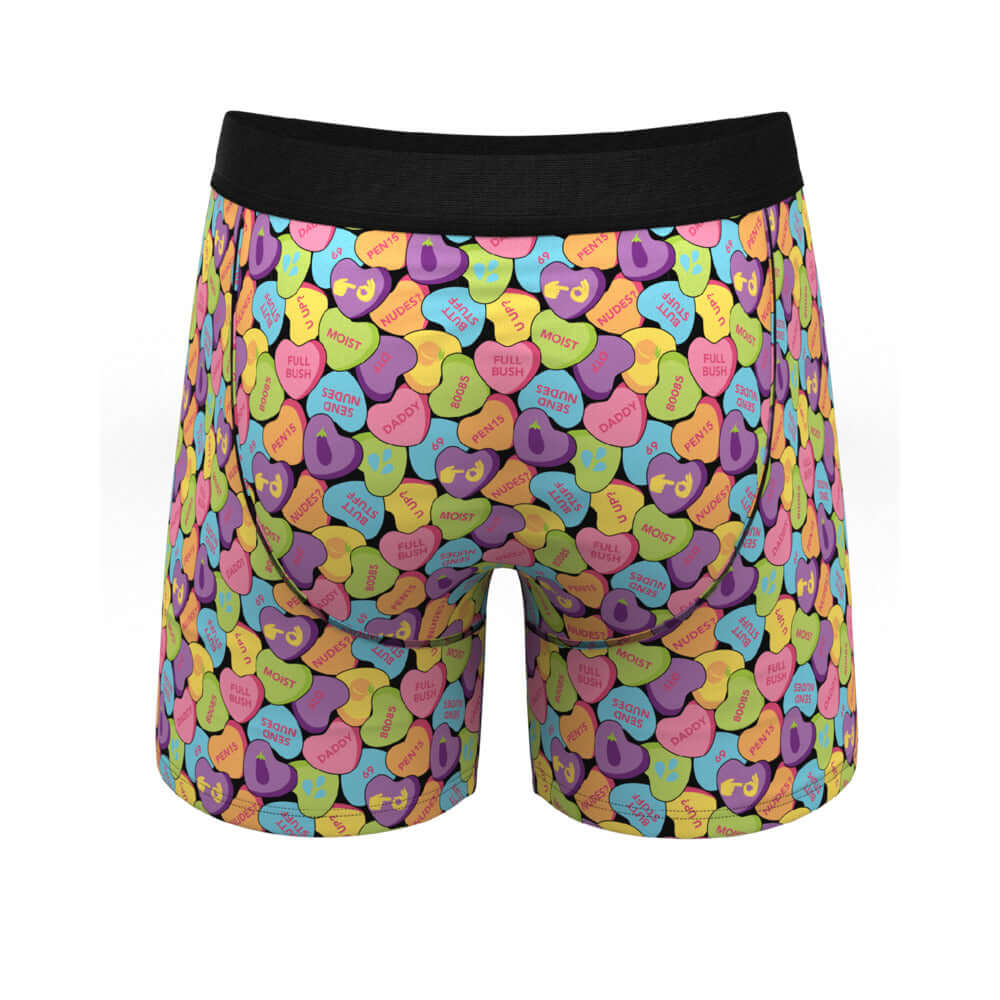 Shinesty The Candy Crush Candy Hearts Underwear with Fly M featuring a colorful candy heart design.