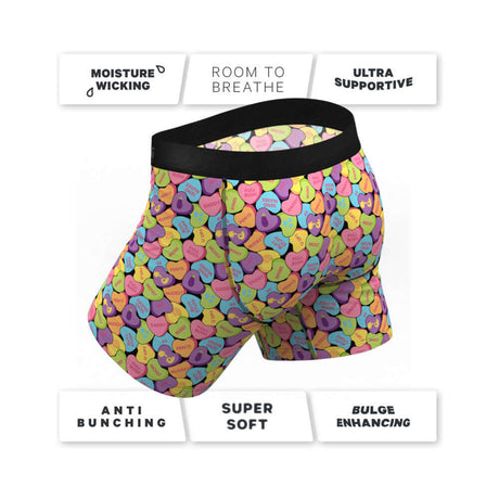 Shinesty The Candy Crush Candy Hearts Underwear with Fly M showcasing colorful heart patterns and label features.