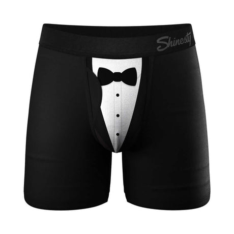 Shinesty The 009 Black Tuxedo Pouch Underwear with Fly S featuring a tuxedo design in a stylish black boxer brief.