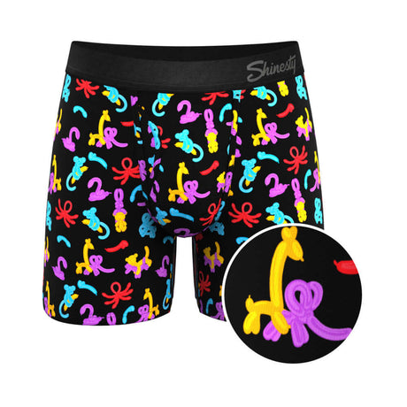 Shinesty The Knot Tonights Balloon Pouch Underwear with Fly M featuring colorful balloon designs on a black background.
