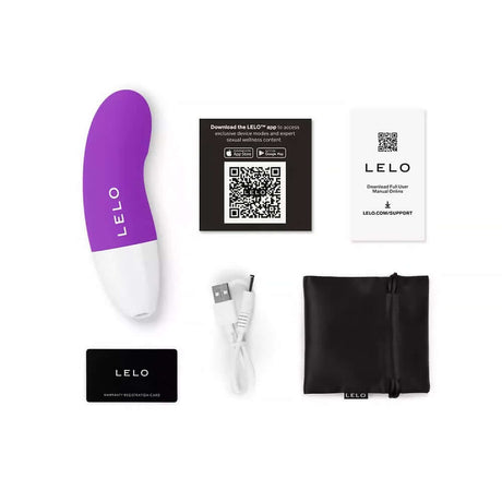 LELO AKO Originals Clitoral Vibrator with accessories including USB charger and storage pouch.