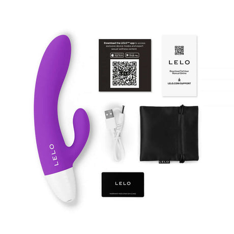 LELO KAYA Originals Rabbit Vibrator in purple, USB charging cable, instruction cards, and storage pouch included.