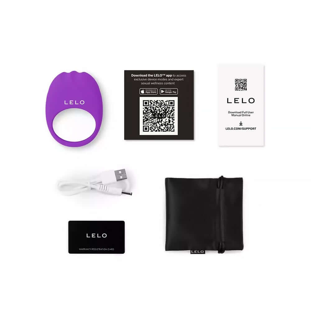 LELO LIFEGUARD Originals Vibrating Couples Ring with accessories, including charger and user manuals.
