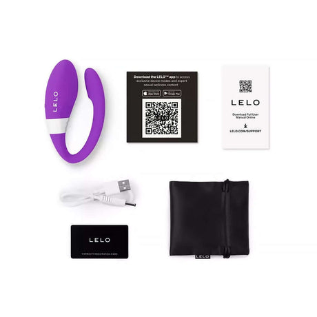 LELO MAHANA Originals Couples Massager with charging cable and instruction cards for enhanced intimacy.