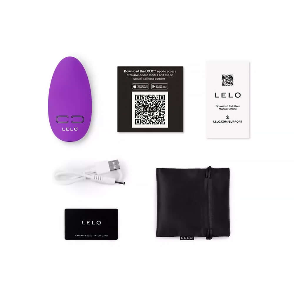 LELO NEA Originals Personal Clitoral Massager and accessories including charging cable and user guide.