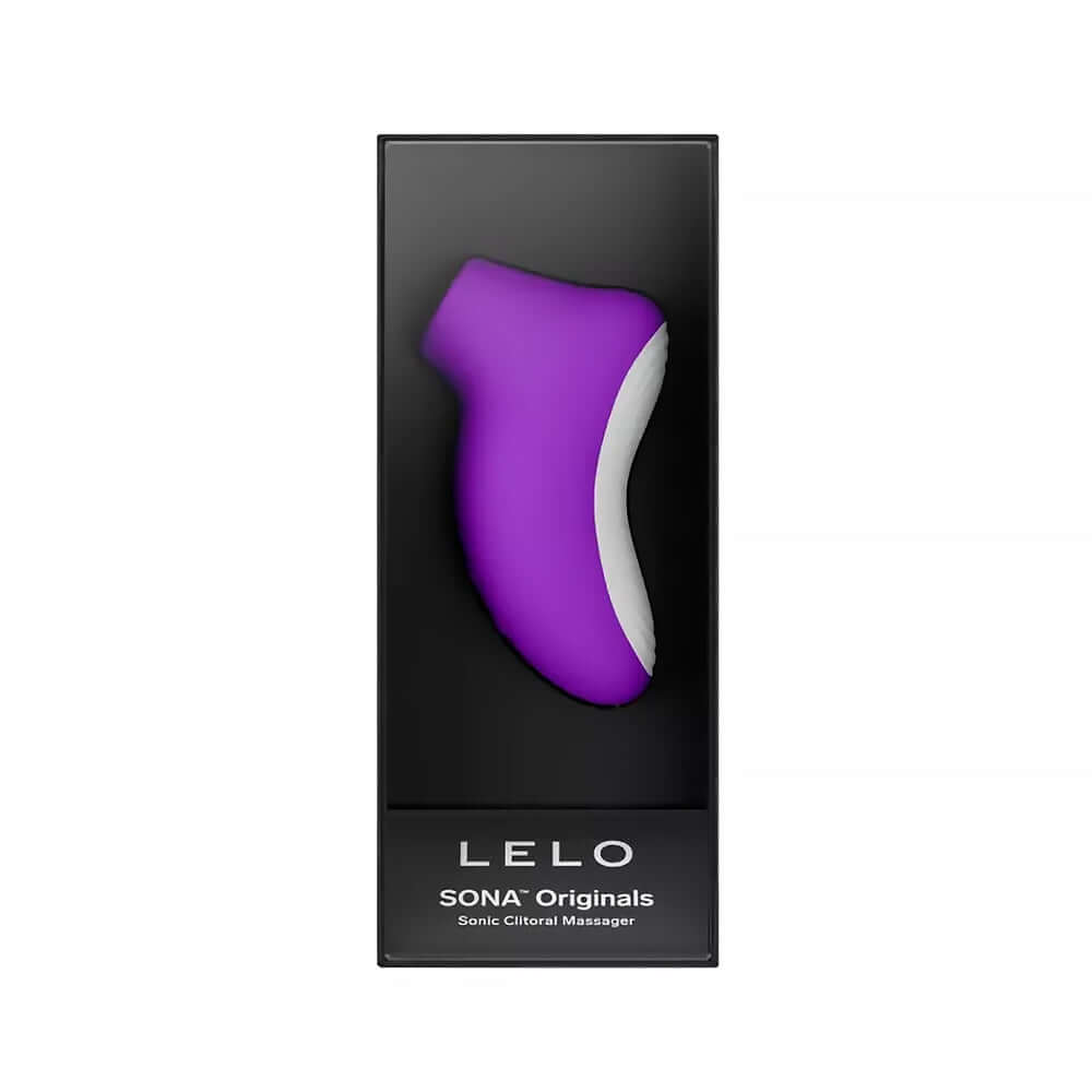 LELO SONA Originals Sonic Clitoral Massager in a sleek box, showcasing its ergonomic design and vibrant purple color.