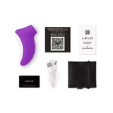 LELO SONA Originals Sonic Clitoral Massager with accessories including charger, storage pouch, and user guides.