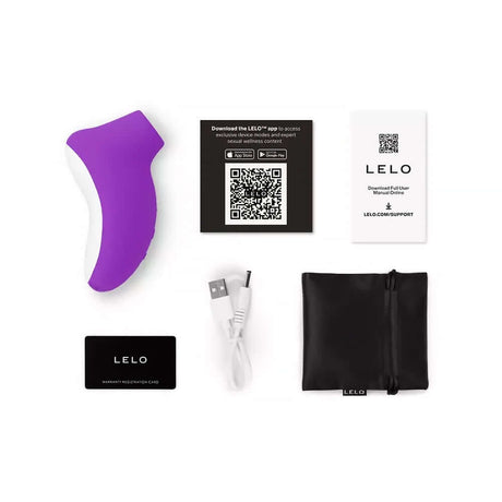 LELO SONA Originals Sonic Clitoral Massager with accessories including charger, storage pouch, and user guides.