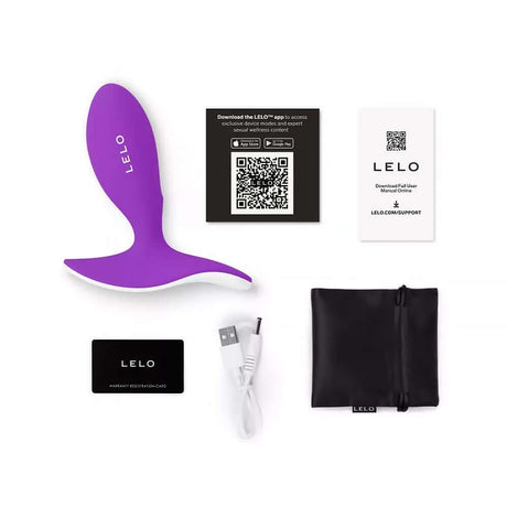 LELO SURFER Originals Prostate Massager in purple, USB charger, and user guide with LELO branding.