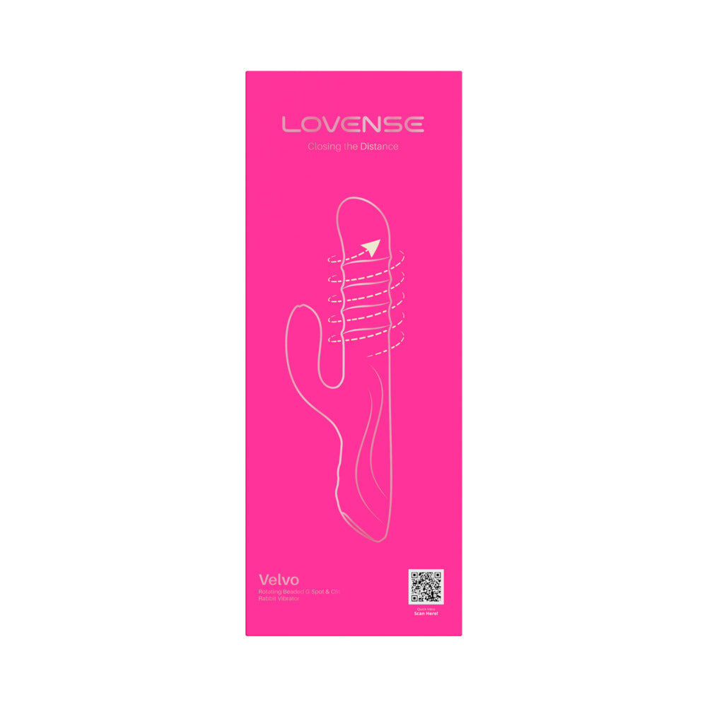 Lovense Velvo Rotating Beaded G-spot & Clit Rabbit Vibrator packaging with instructions and branding.