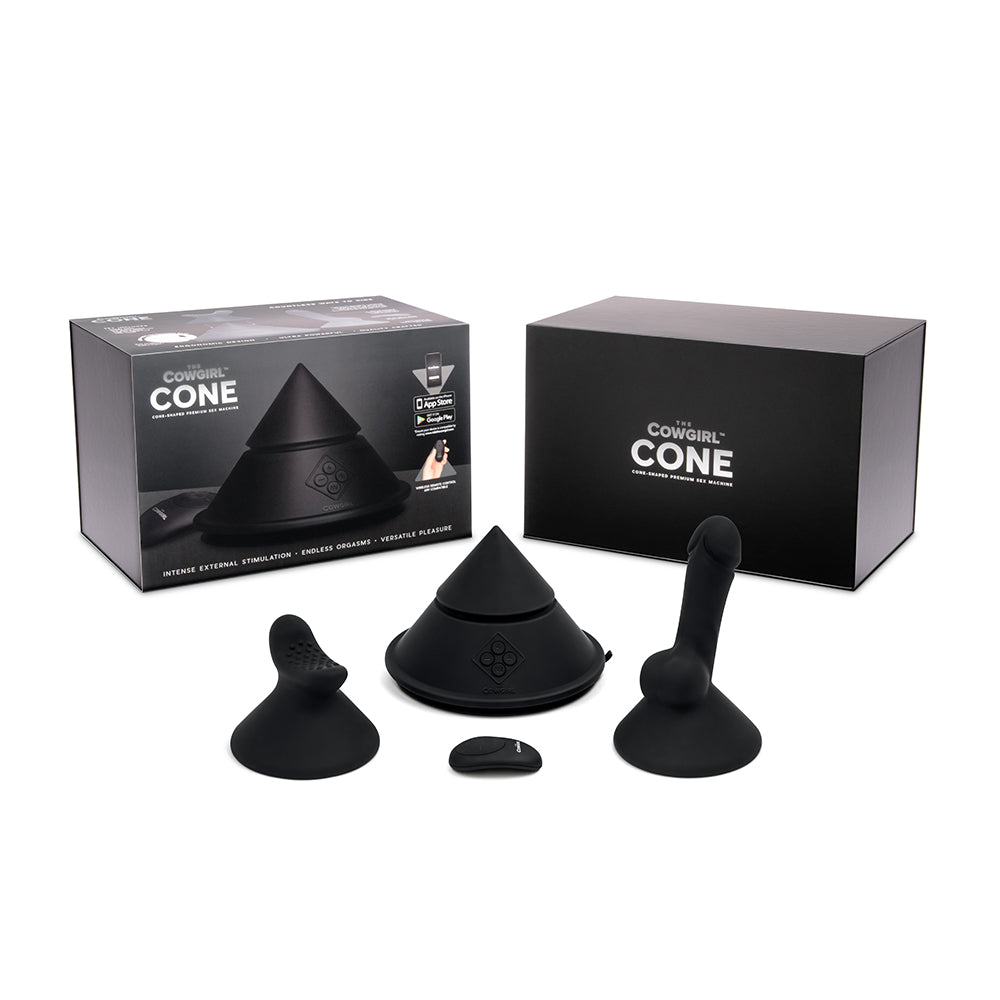 Cowgirl Cone Premium Sex Machine with App and Remote Control packaging and accessories.