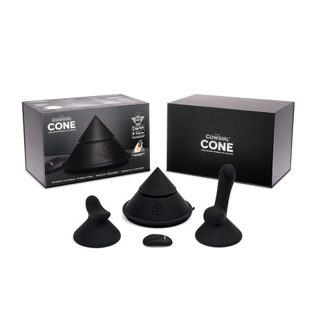 Cowgirl Cone Premium Sex Machine with App and Remote Control packaging and accessories.