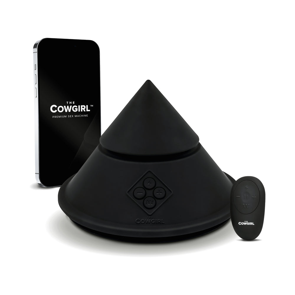 Cowgirl Cone Premium Sex Machine with App and Remote Control, featuring a sleek design and remote for hands-free pleasure.