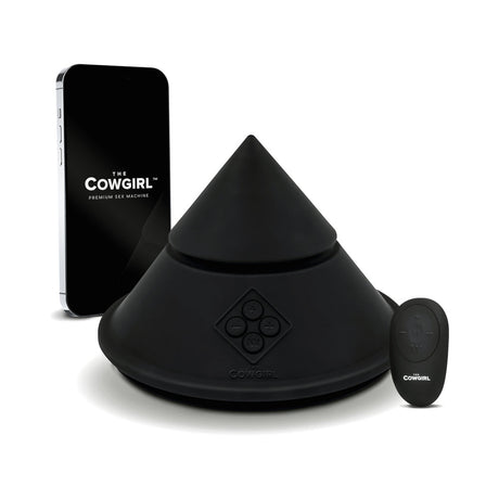 Cowgirl Cone Premium Sex Machine with App and Remote Control, featuring a sleek design and remote for hands-free pleasure.