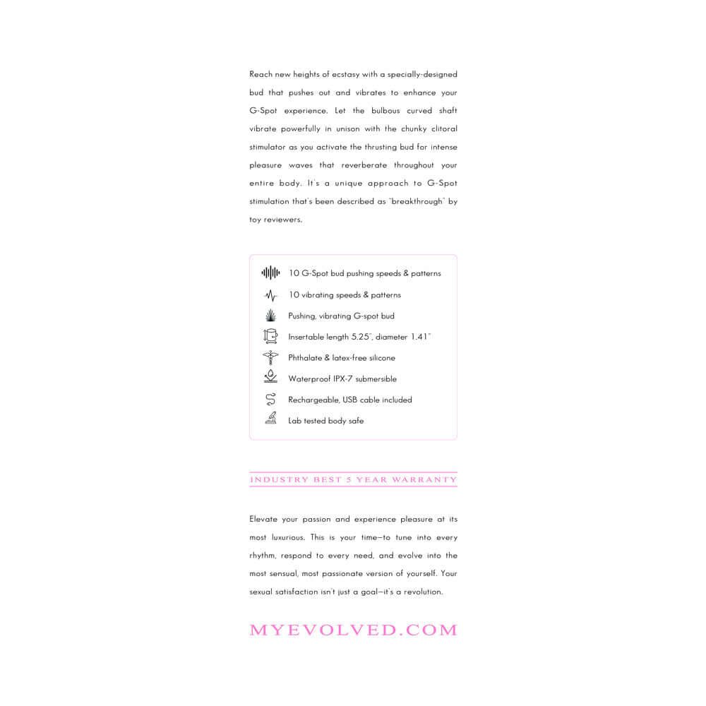 Evolved Push the Button G-spot Clitoral Stimulation vibrator features innovative G-spot bud for targeted pleasure.