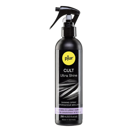 Pjur Cult Ultra Shine 8.5 Oz spray bottle for latex and rubber clothes, providing shine and protection.