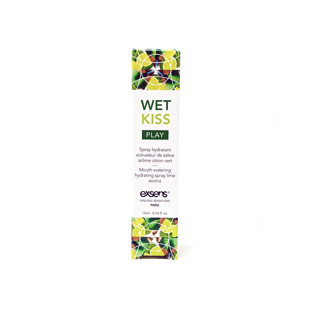 Exsens Wet Kiss Lime Moisturizing Saliva Spray 15 ml packaging showcasing vibrant design and refreshing lime flavor.