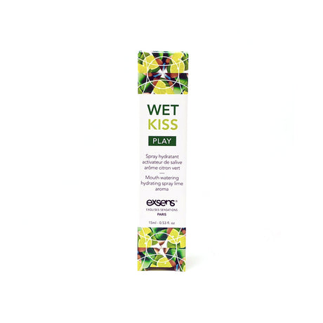 Exsens Wet Kiss Lime Moisturizing Saliva Spray 15 ml packaging showcasing vibrant design and refreshing lime flavor.