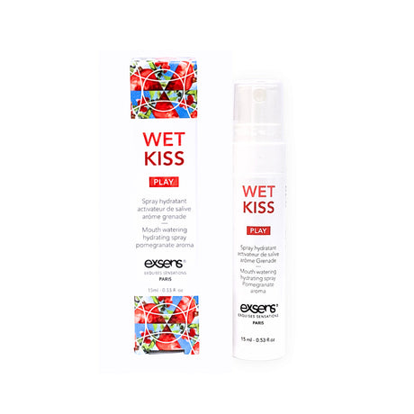 Exsens Wet Kiss Pomegranate Moisturizing Saliva Spray 15 ml packaging and product bottle.